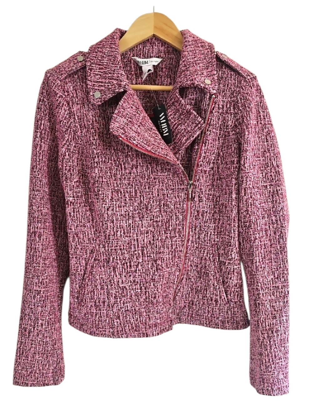 White House Black Market NWT Pink Boucle Tweed Moto Zip Jacket Size 14
